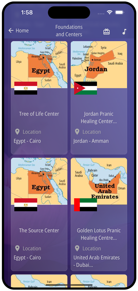 Oneness App screen - pranic healing and arhatic yoga centers