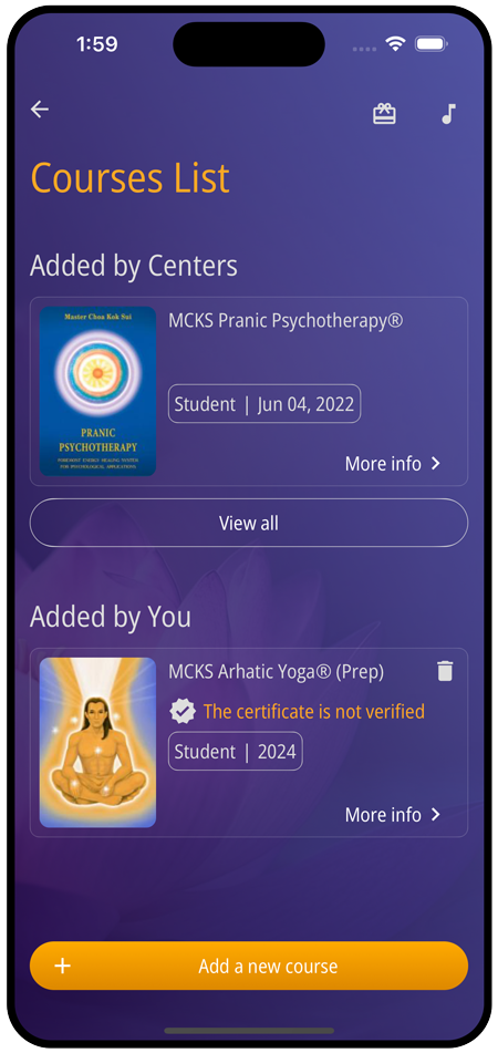Oneness App screen - pranic healing and arhatic yoga courses list