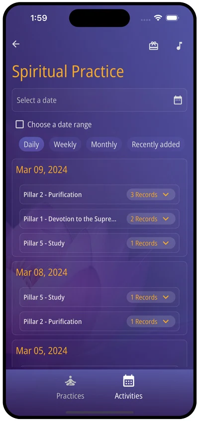 Oneness App screen - spiritual practices and user activities
