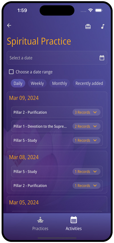 spiritual practices user activities section - Oneness App